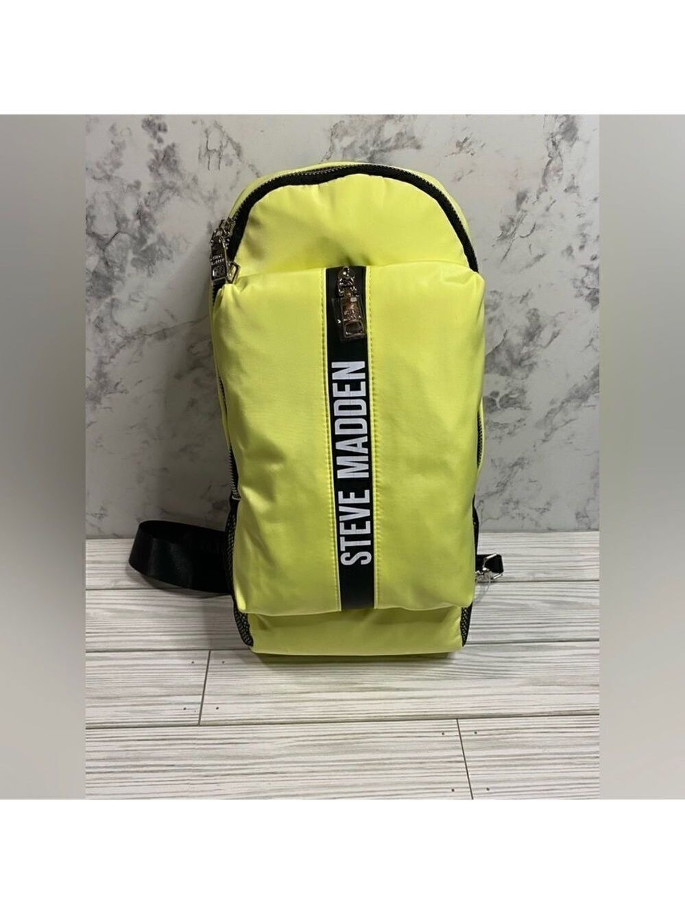 NWT Steve Madden Lemon Yellow Green Black Bromano sling backpack one strap bag